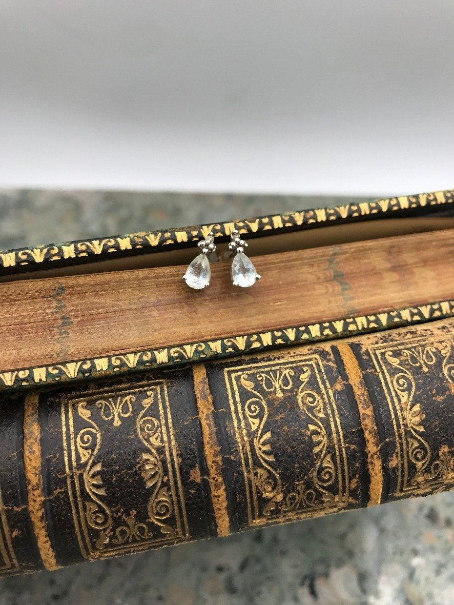 10k White Gold Dainty Pear Cut Aquamarine Stud Earrings 3