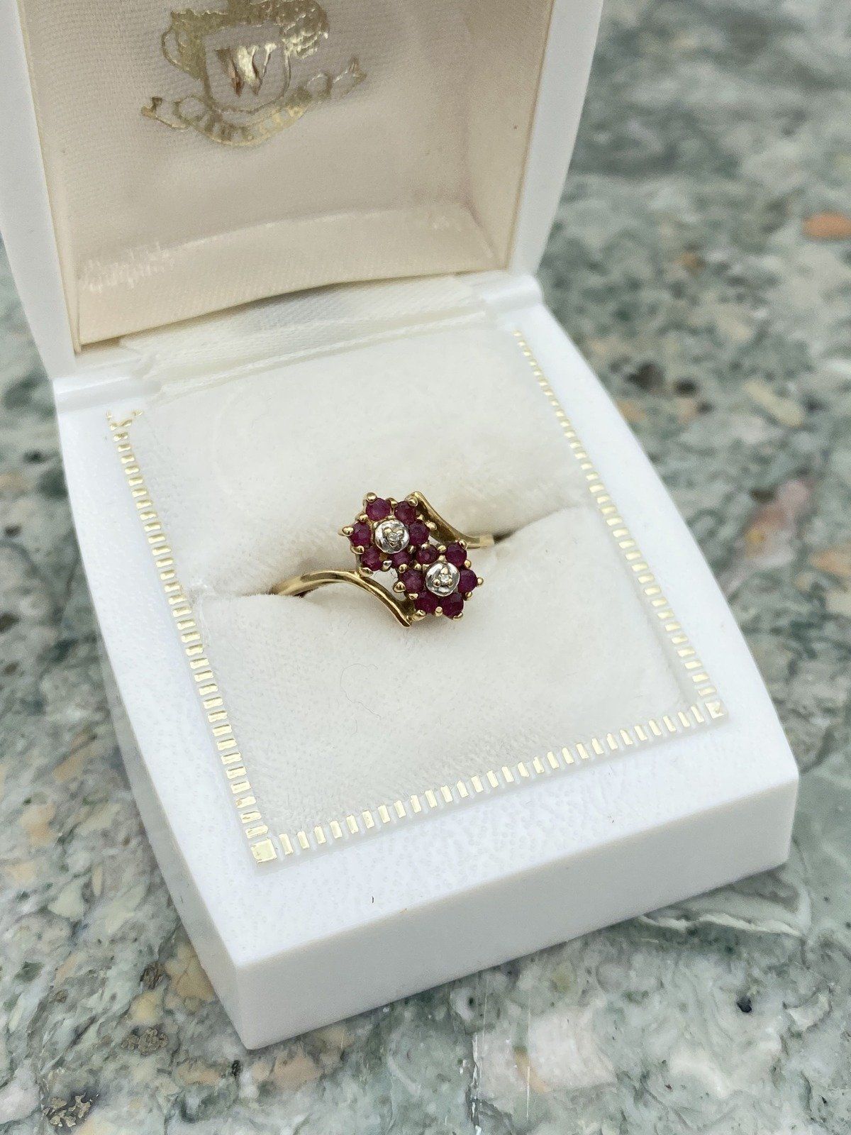 Vintage 10k Gold Ruby Double Flower Bypass Ring w Diamond Centers #2768 15