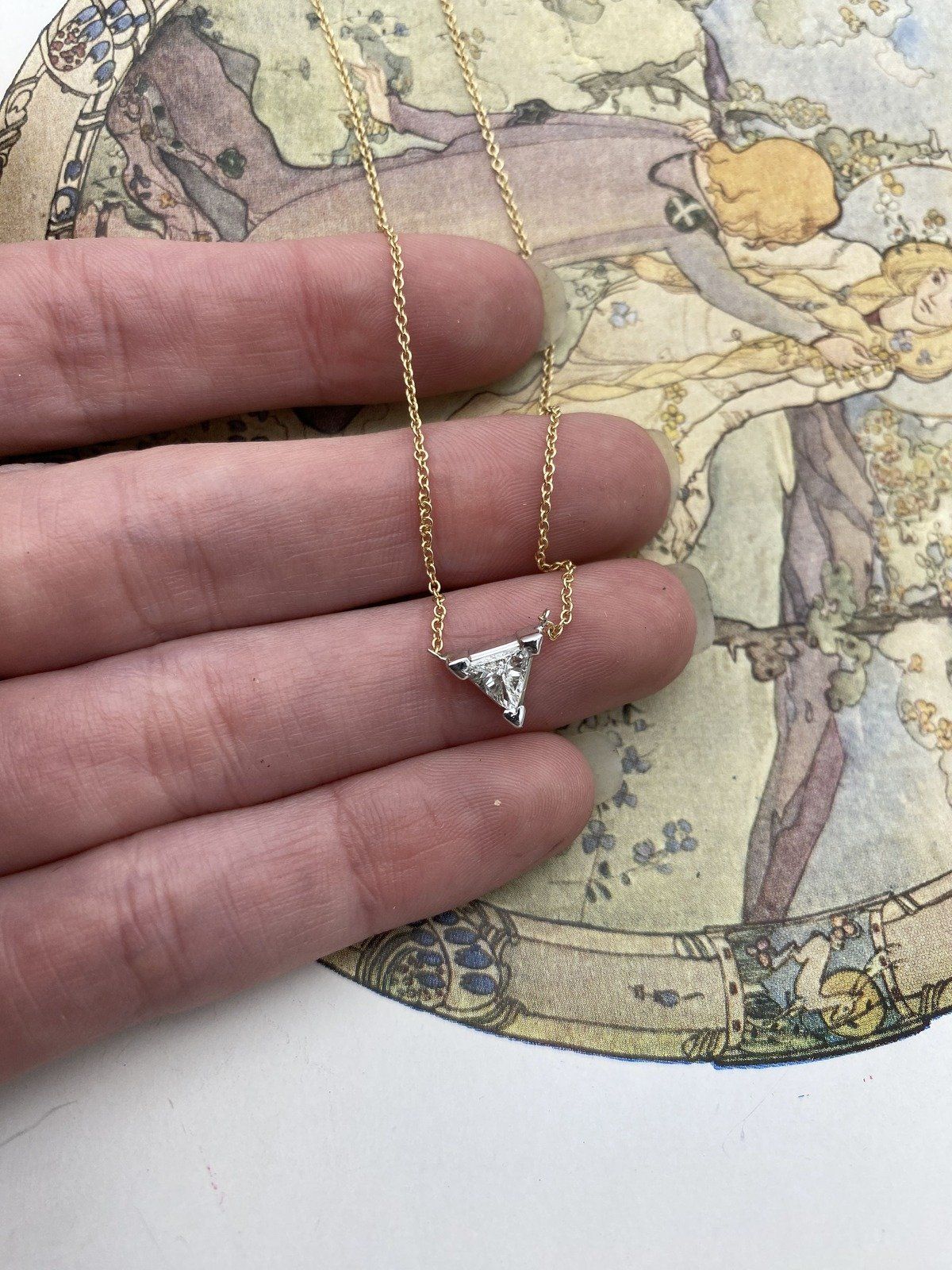 14k Gold Suspended .50ct Trillion Diamond Layering 16L Drop Necklace #2666 7