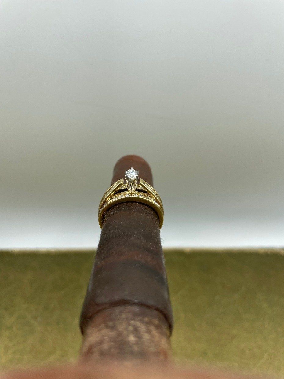 14k Gold .33ct Center Marquise Cut Diamond Engagement Ring w Channel Set Baguette + Round Cut Diamond Band 5