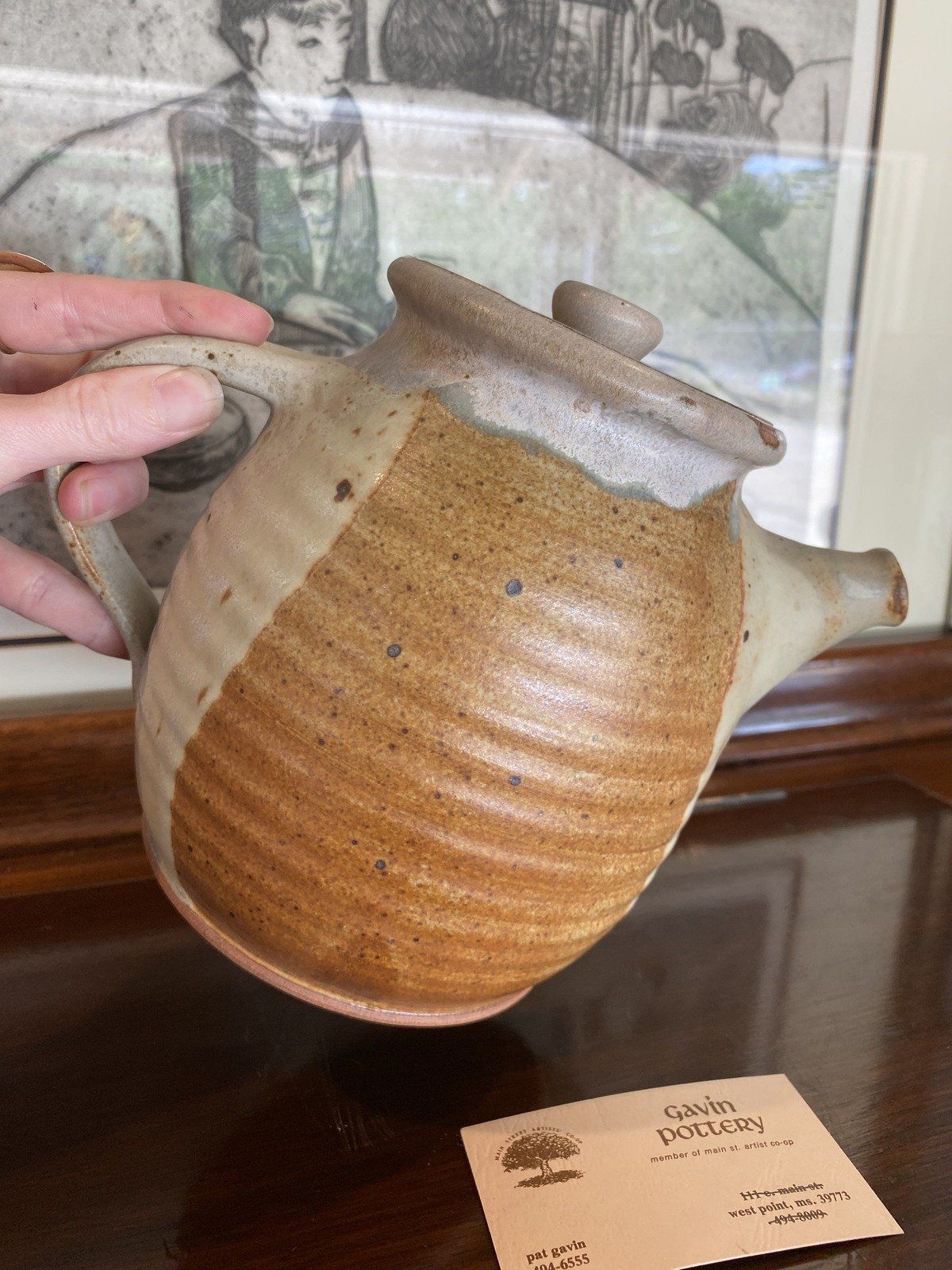 Vintage c.1987 MS Artist Pat Gavin Pottery Stoneware Tea Pot + Lid 8
