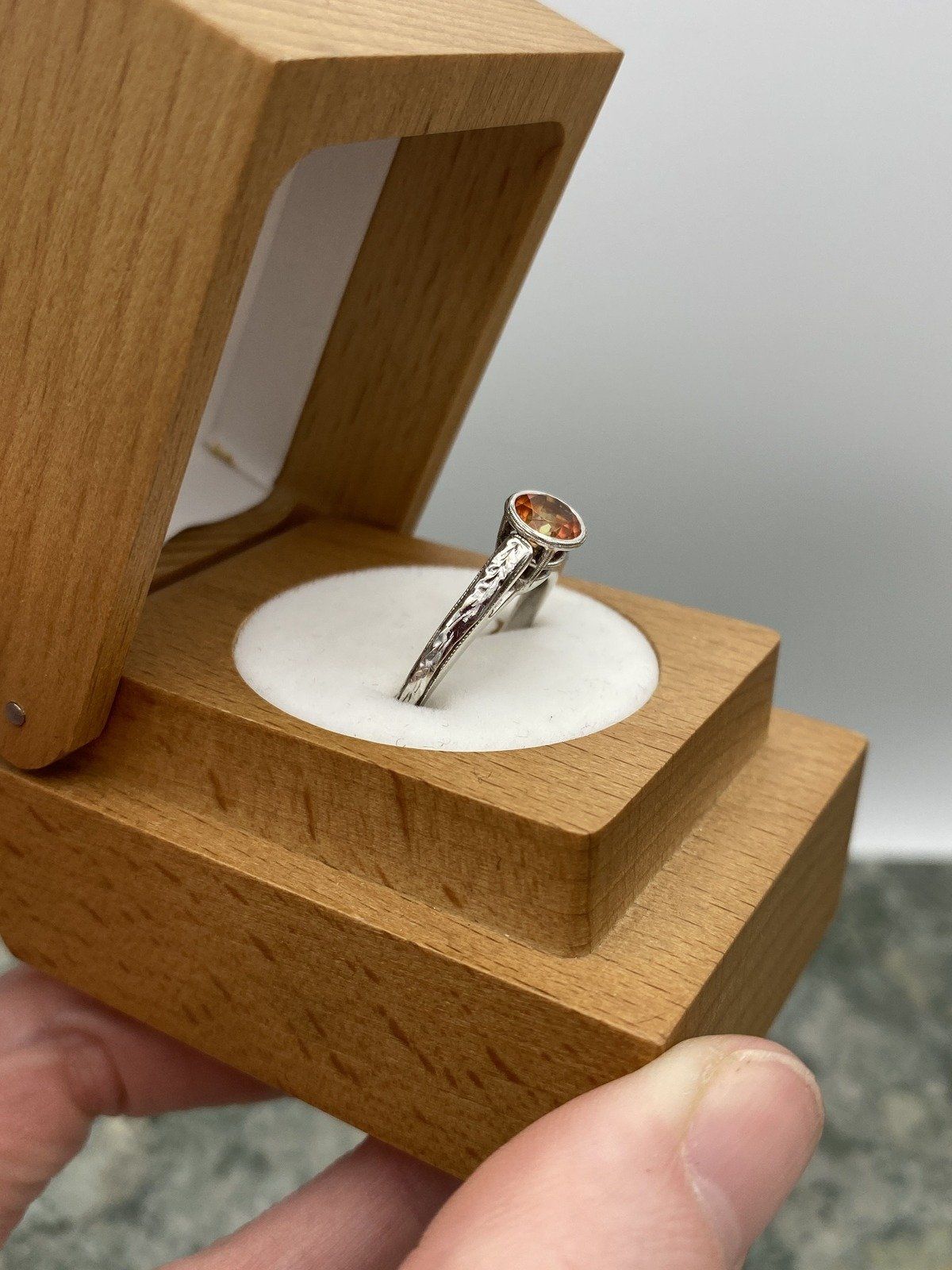 Spessartine Orange Garnet 14k White Gold Bezel Set Ring w Carved Band 6