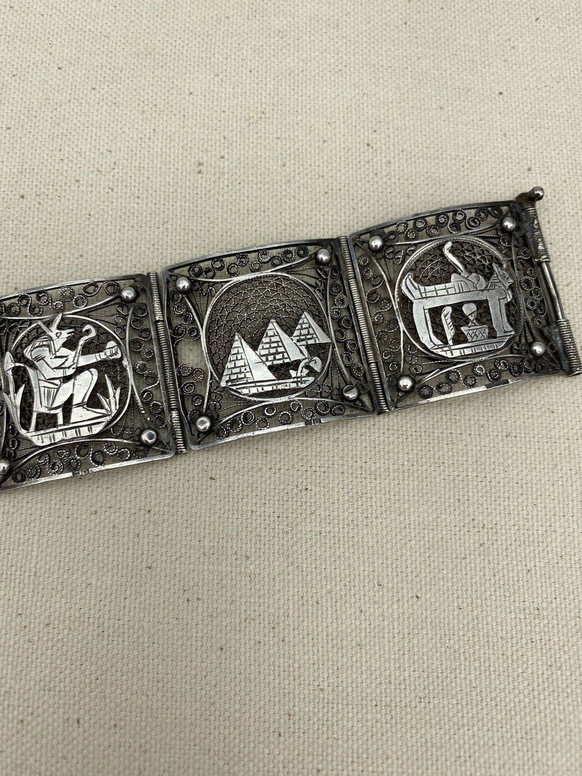 Antique c.1920s Sterling Silver Egyptian Revival Hieroglyphic Filigree Cuff Bracelet 7L 4