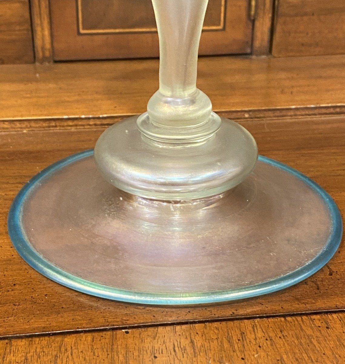 Steuben Cyprian Art Glass Candlestick w Celeste Blue Edge 2