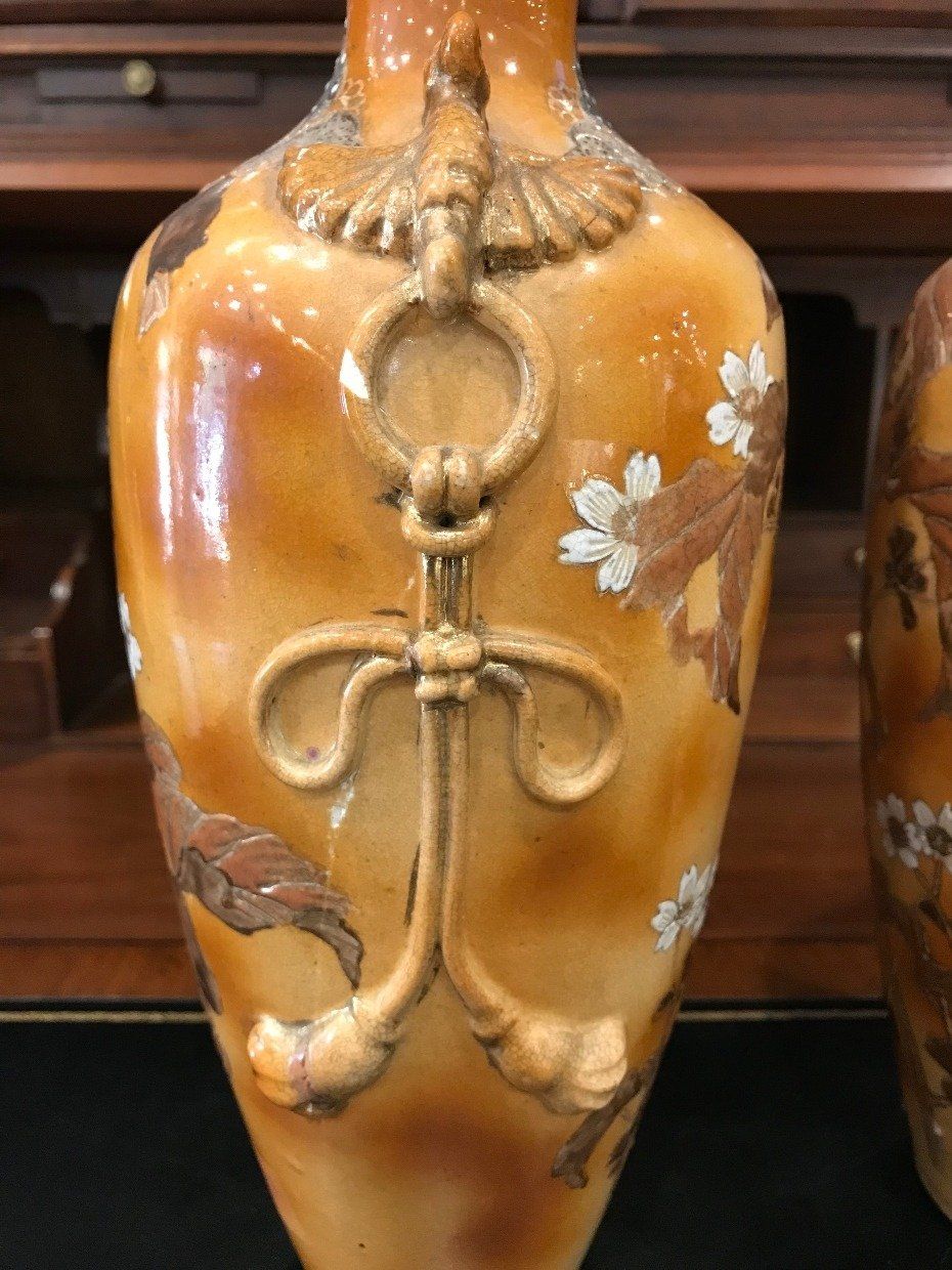 Antique Pair of Oriental Ceramic Phoenix Cherry Blossom Vases 3