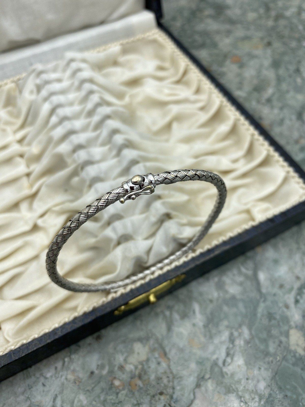 14k White Gold Woven Wire Pave Diamond Bangle Bracelet 7L #2539 2