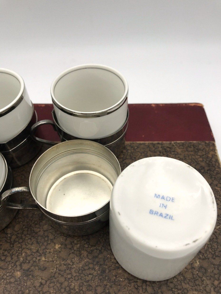 Set of 4 Brazilian Made Porcelain + Silverplate Espresso Cups 3