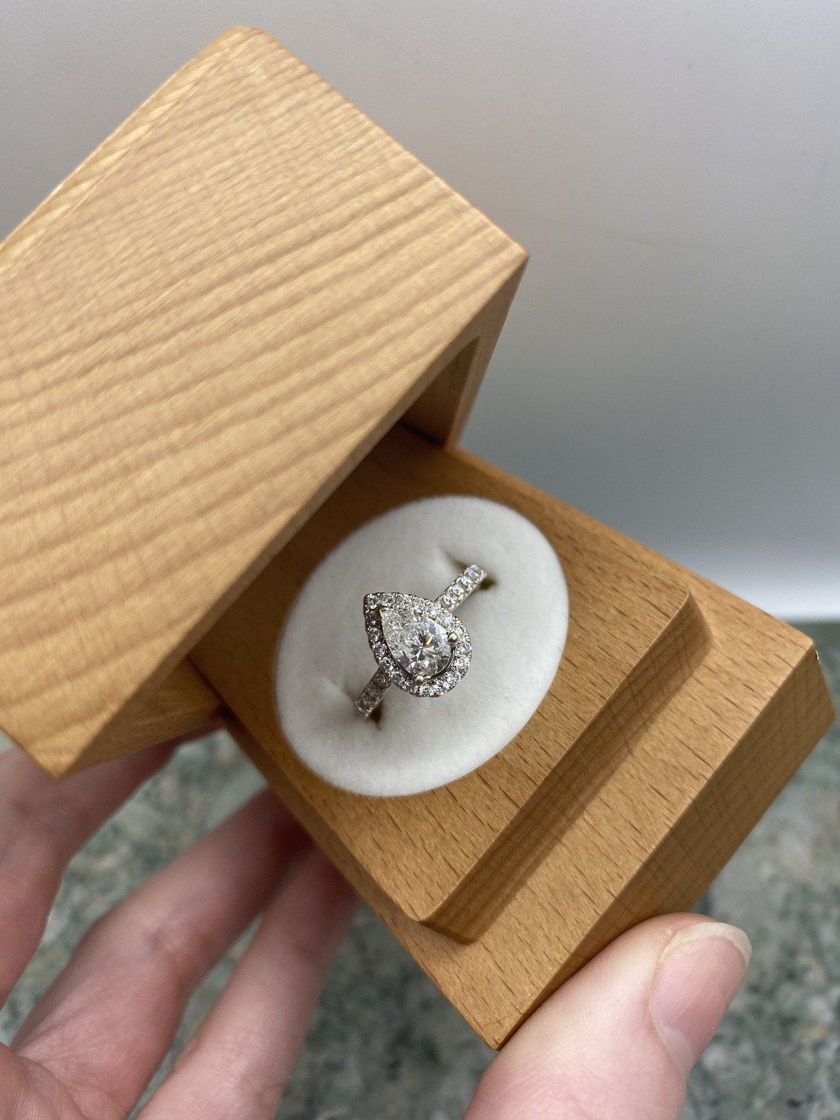 Modern Classic 14k White Gold .75ct Pear Cut Diamond Center Engagement Ring w Diamond Framing + Shoulders 2