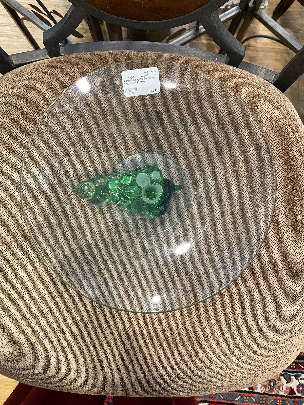 Vintage Art Glass Green Grapes Serving Pedestal Platter 2