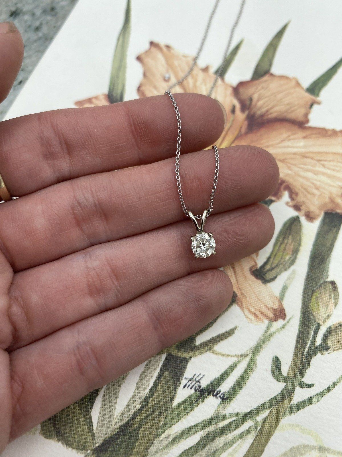 Firey Vintage 14k White Gold Natural .65ct Round Cut Solitaire Diamond Drop Necklace w Sturdy Cable Chain 16L 6