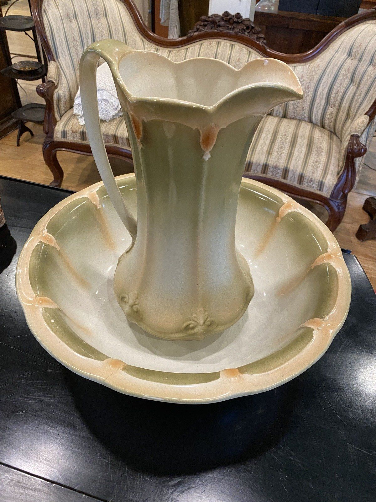 Antique 19th Century Victorian Art Nouveau Ceramic Wash Pitcher + Basin 6