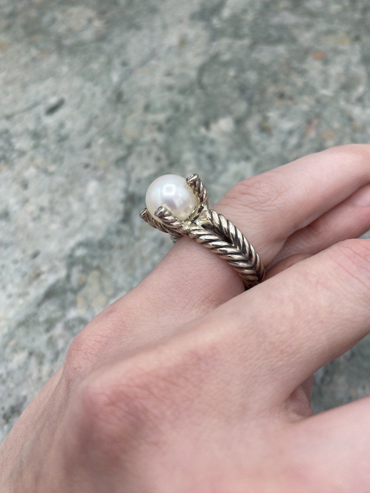 David Yurman Sterling Silver Rope Twist + Pearl + Diamond Prong Solitaire Ring 10