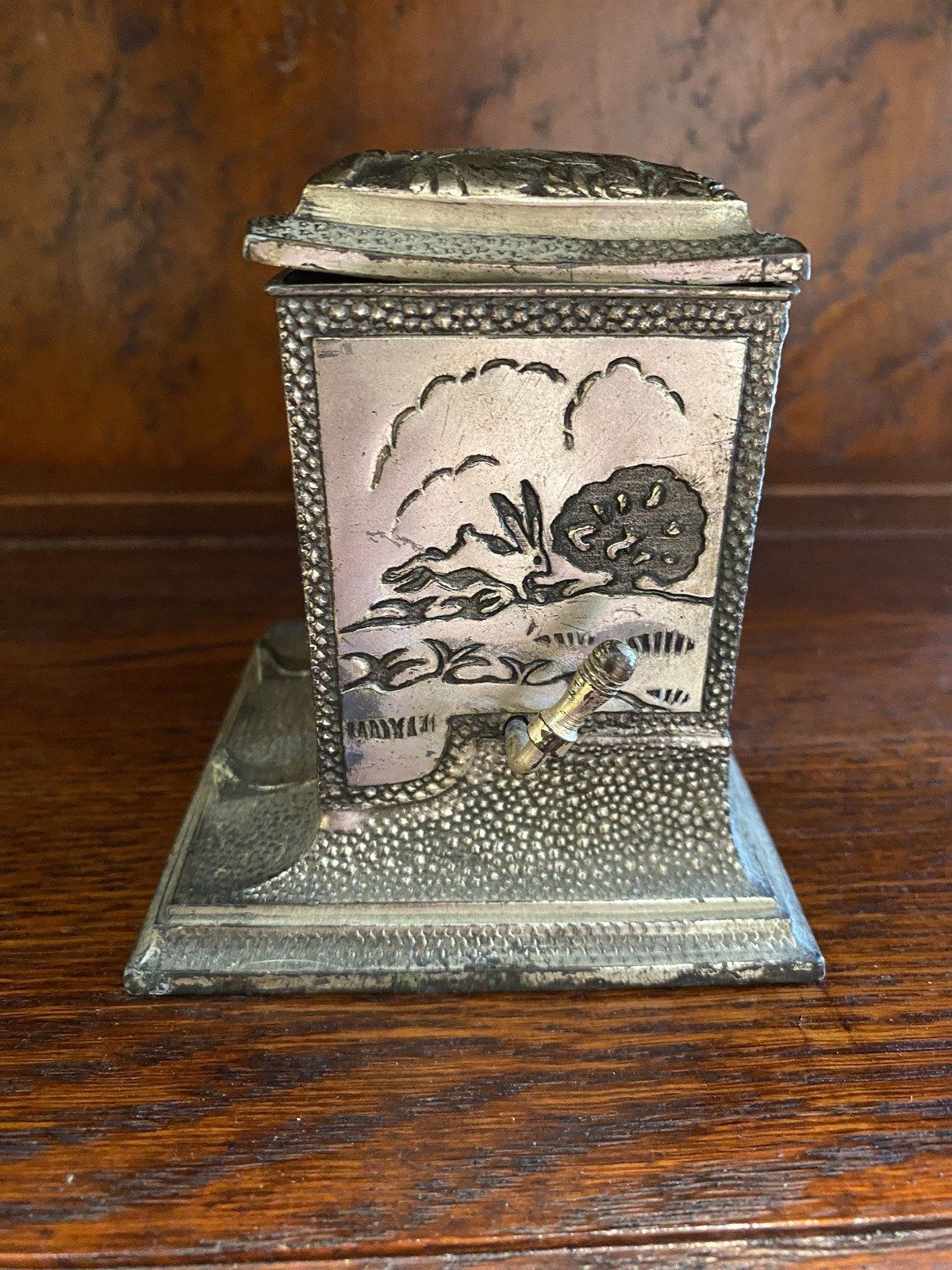Antique c.1910/20s Silver Plated Functional Cigarette Dispenser w Hunter's Motif + Fauna Etching 9