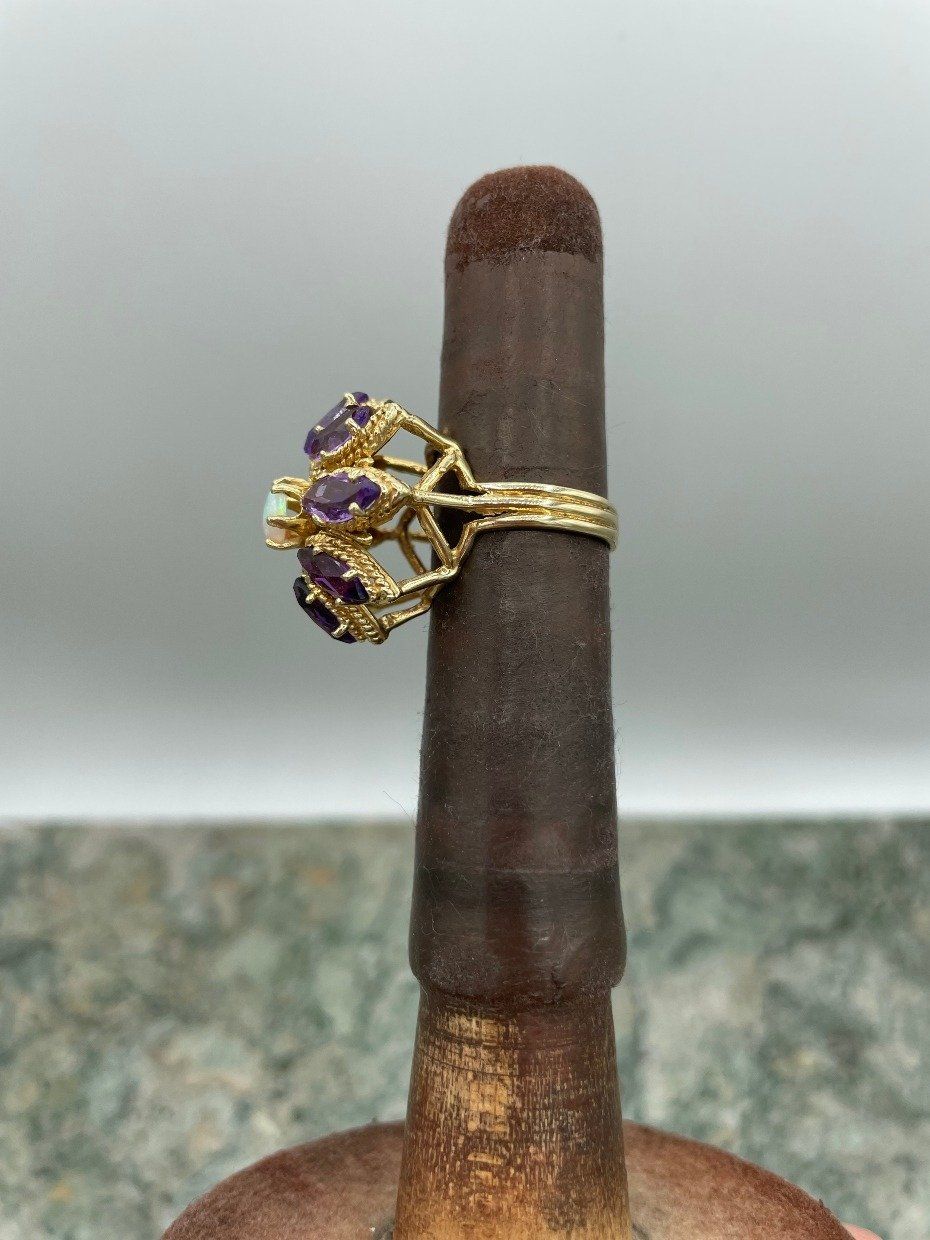 Antique Marquise Cut Deep Purple Amethyst + Opal Cluster Ring 5