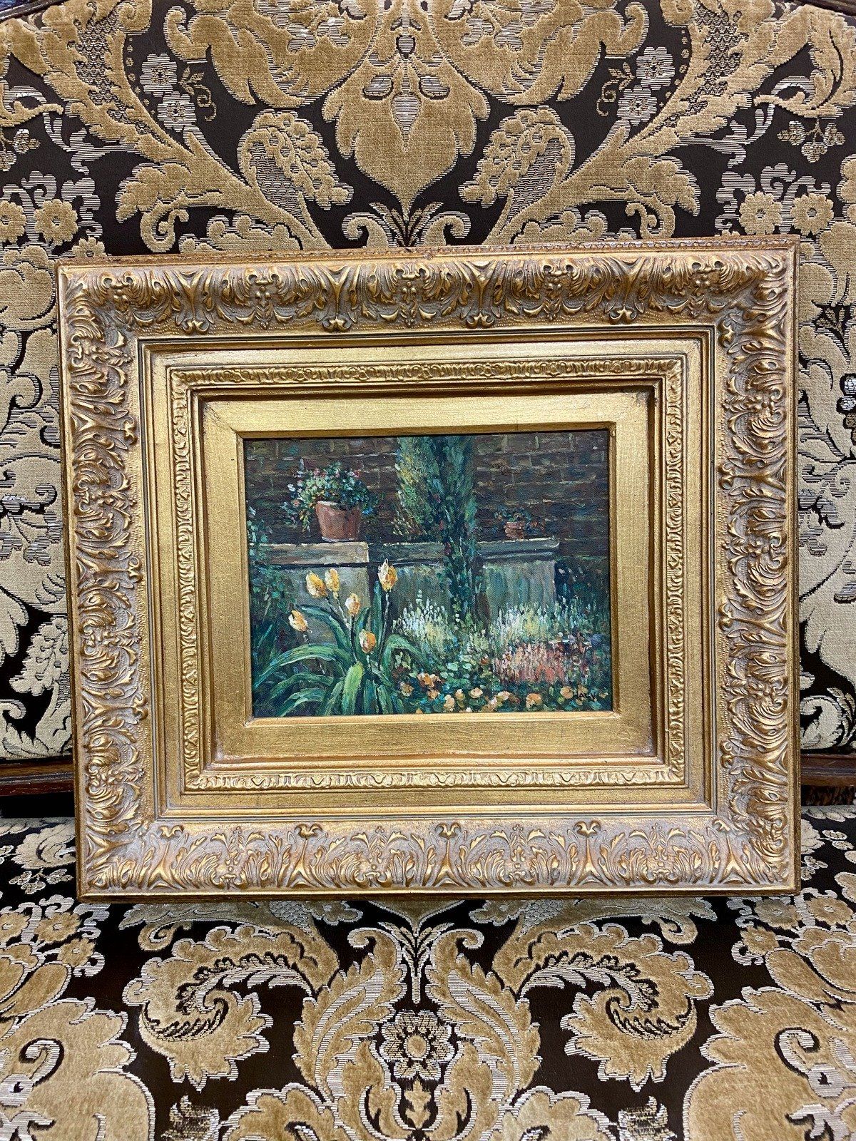 Large Ornately Framed Oil Painting of Garden Plants
