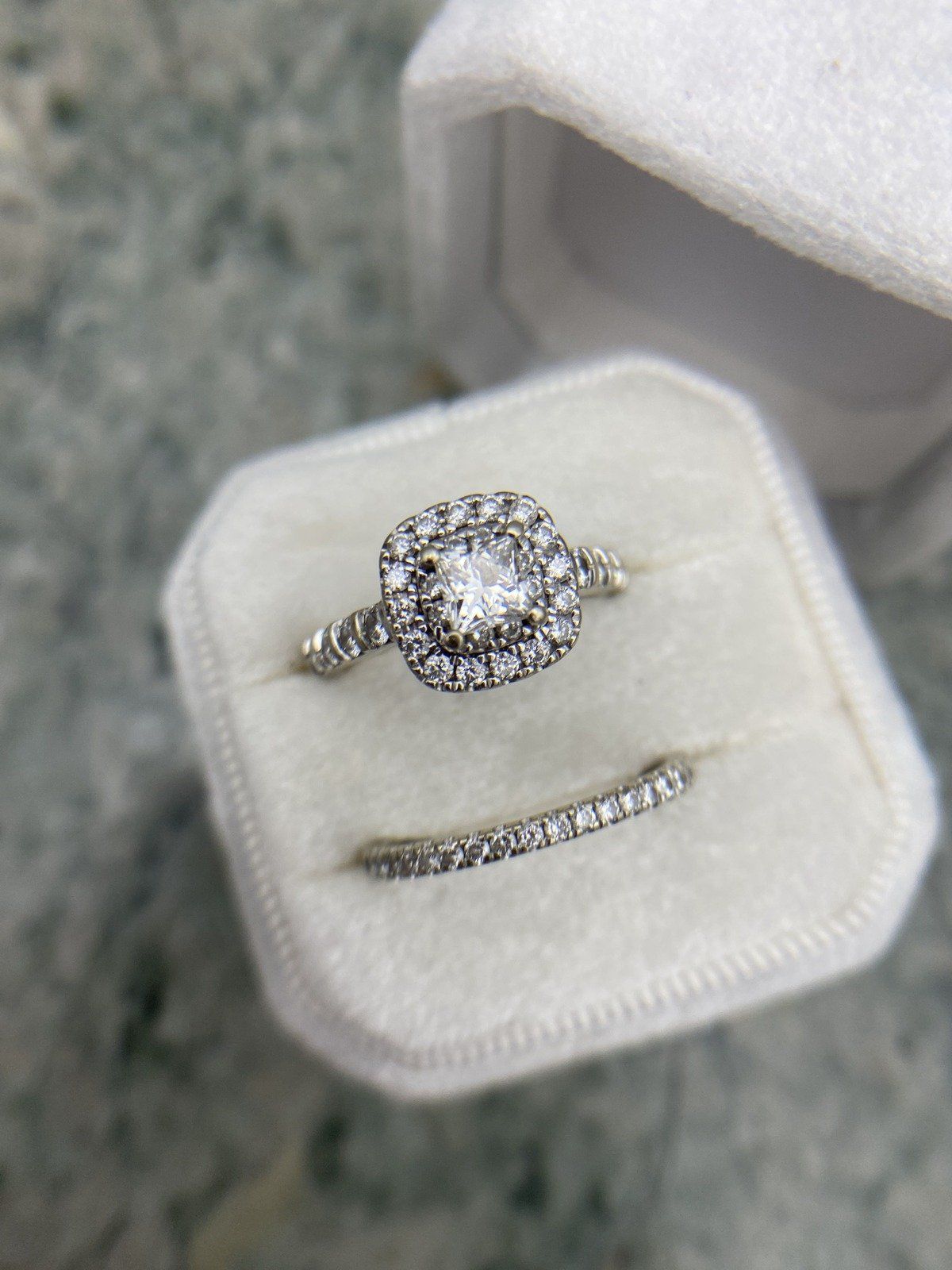 Ladies 14k Gold Leo 1.5ctw Princess Cut Cushion Haloed Diamond Engagement Ring + Band w GIA 8