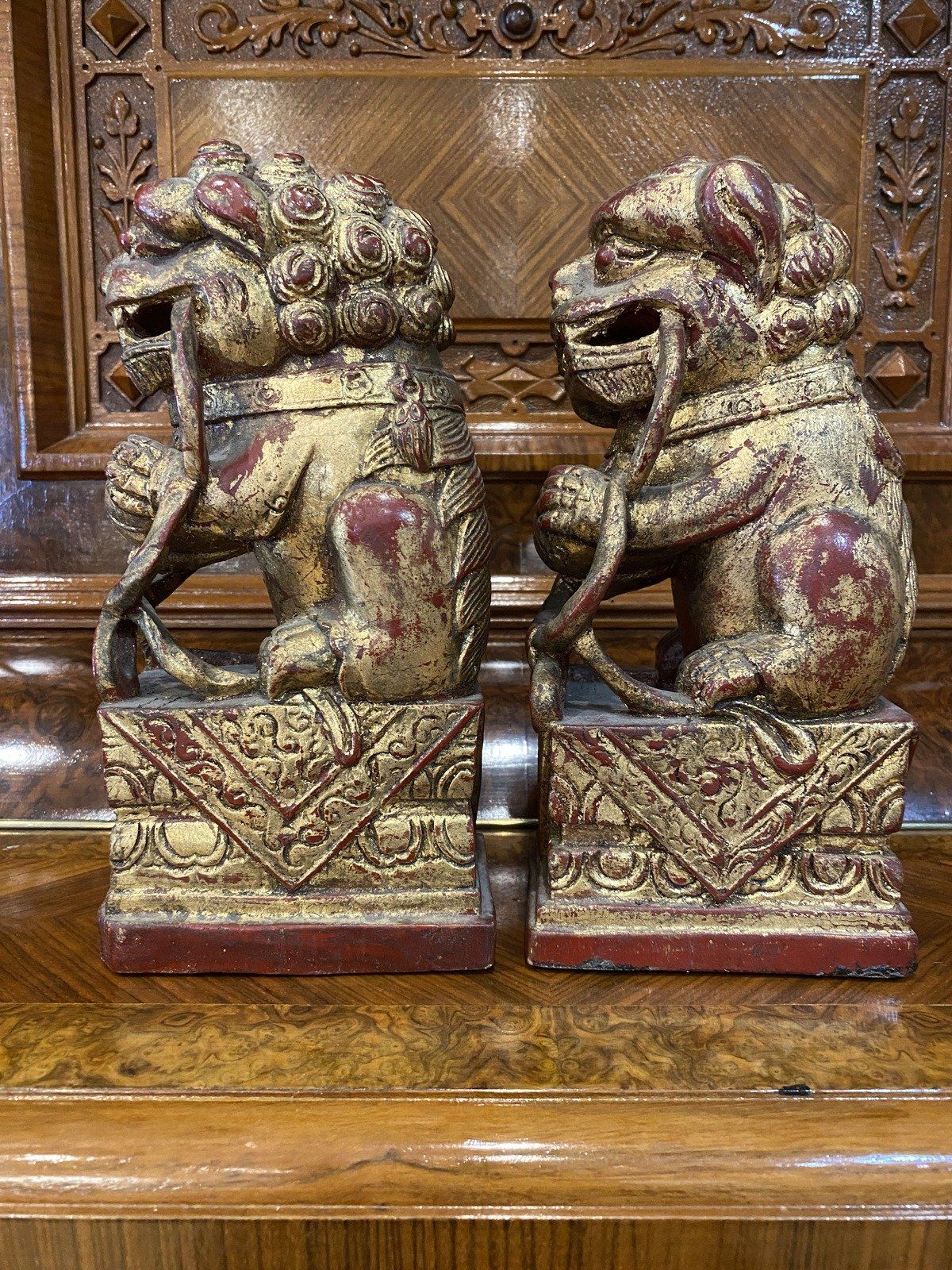 Cinnabar Red + Gilt Plaster Foo Dogs Sculptures 9