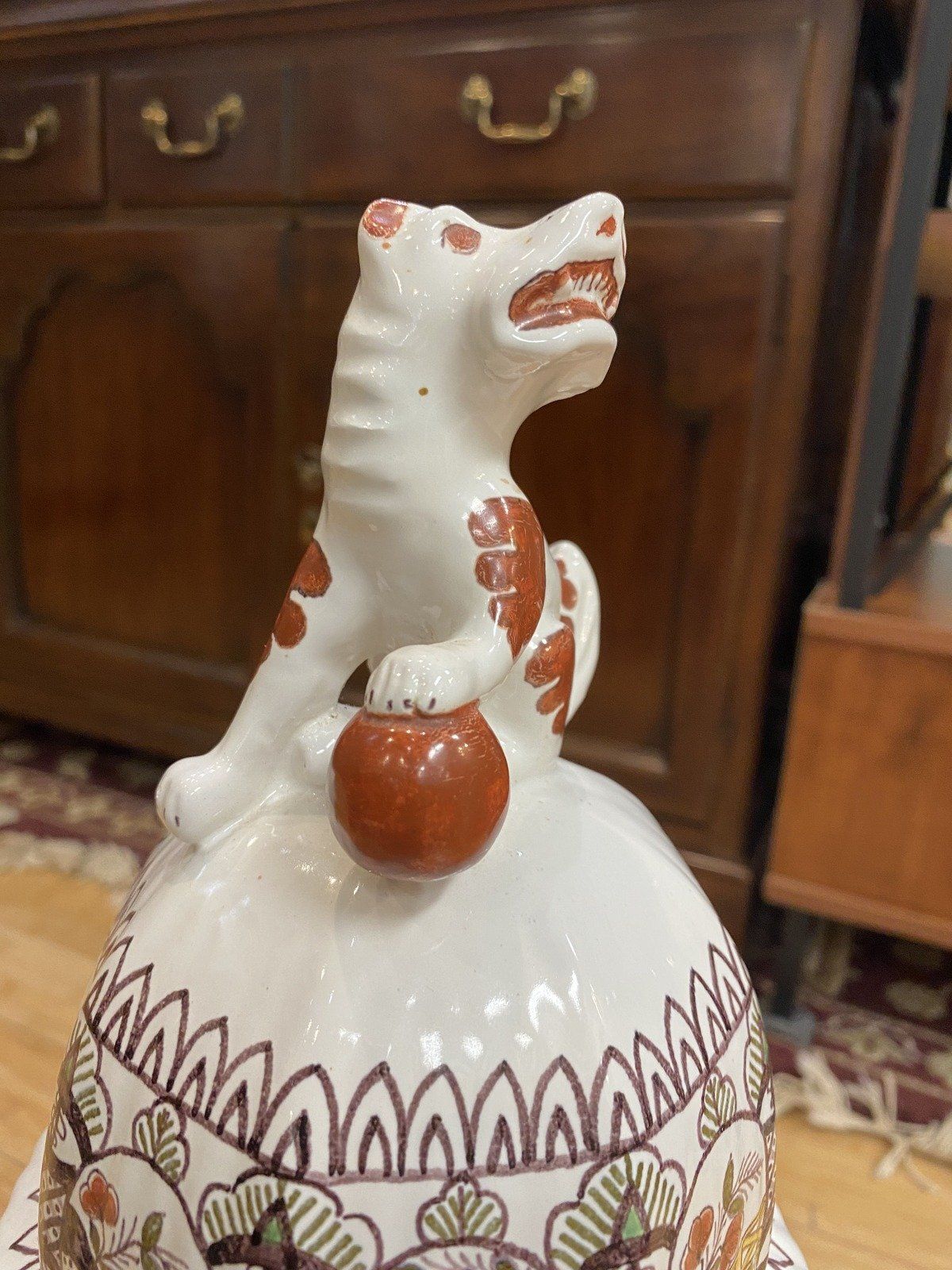Antique Italian Made Japanese Influenced Figural Stoneware Ginger Jar w Foo Dog  Lid 5