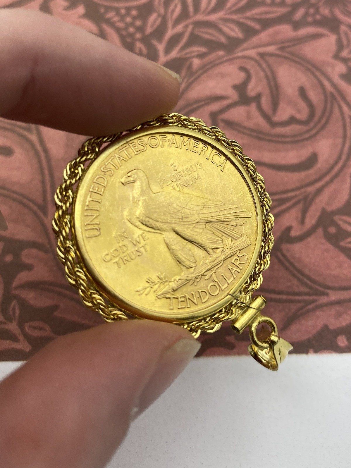 1926 $10 Indian Head Gold Eagle Coin in 14K Rope Bezel Pendant 4