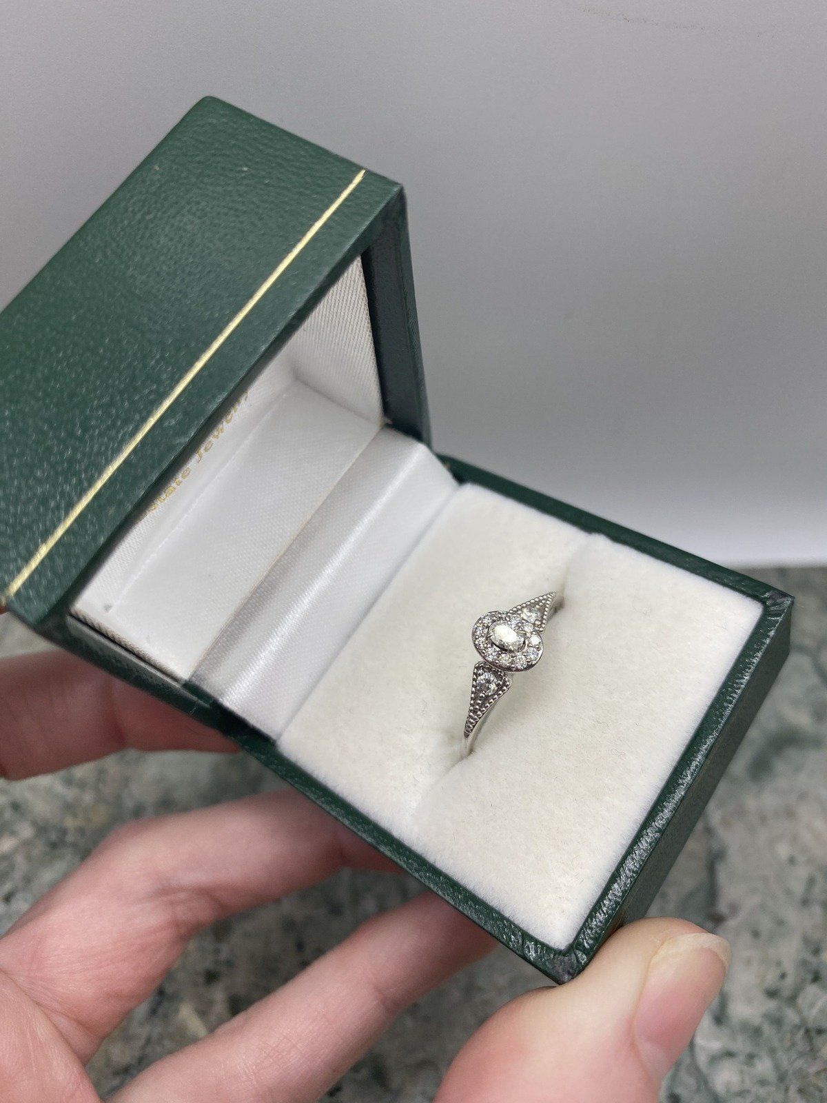 Dainty 10k White Gold Modern Oval Cut Center Diamond Halo Ring w Flared Diamond Shoulders 2