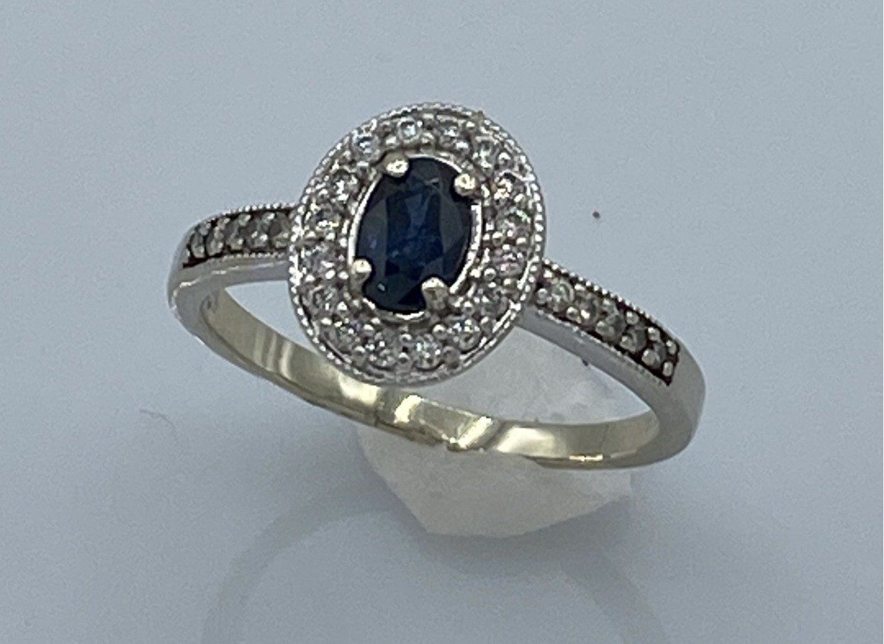 14k White Gold Diamond Ring with Dark Blue Sapphire Center Gemstone Size 8 1/4 2