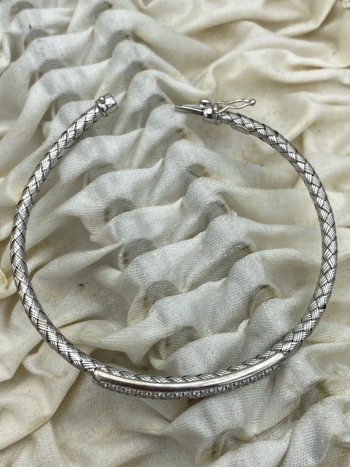 14k White Gold Woven Wire Pave Diamond Bangle Bracelet 7L #2539 8