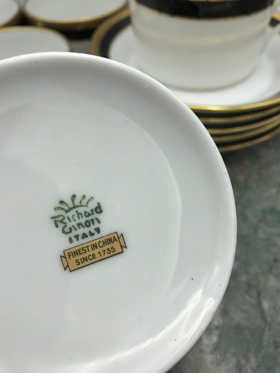 Richard Ginori Italian Palmero Gold + Blk Rim 12pc Tea Cup + Saucers 4