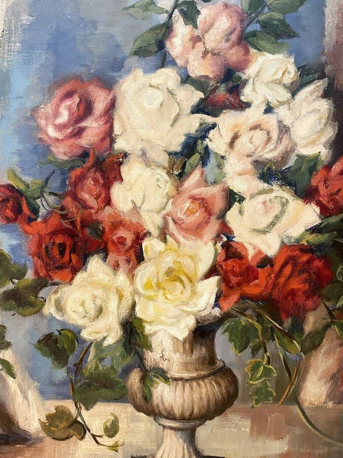Ornately Framed Sill Life of Urn w Roses Signed Louise Lehman 2