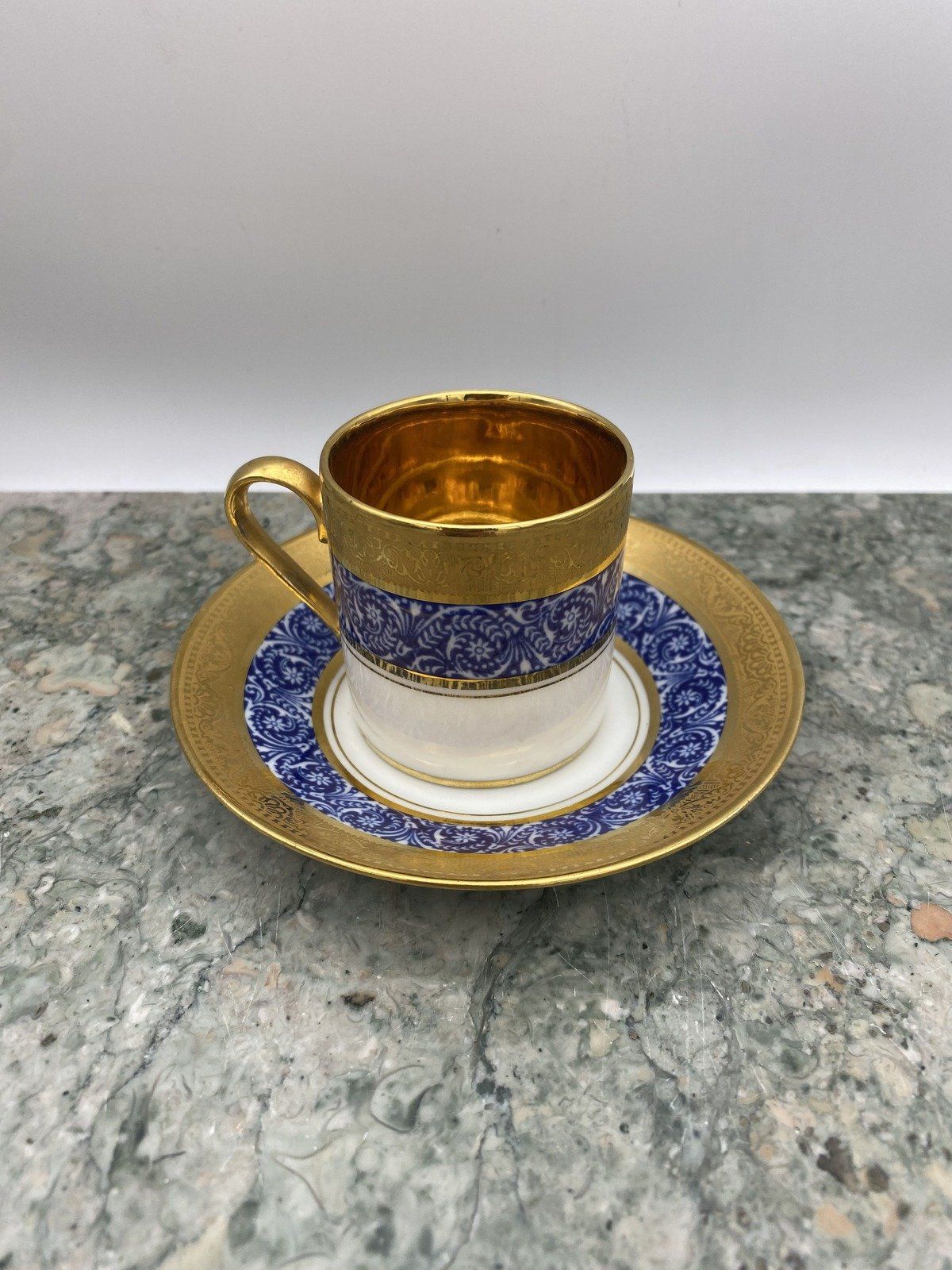 Legle Porcelaine d'Art Limoges French Flow Blue Acanthus + Gilt Demitasse Teacup + Saucer