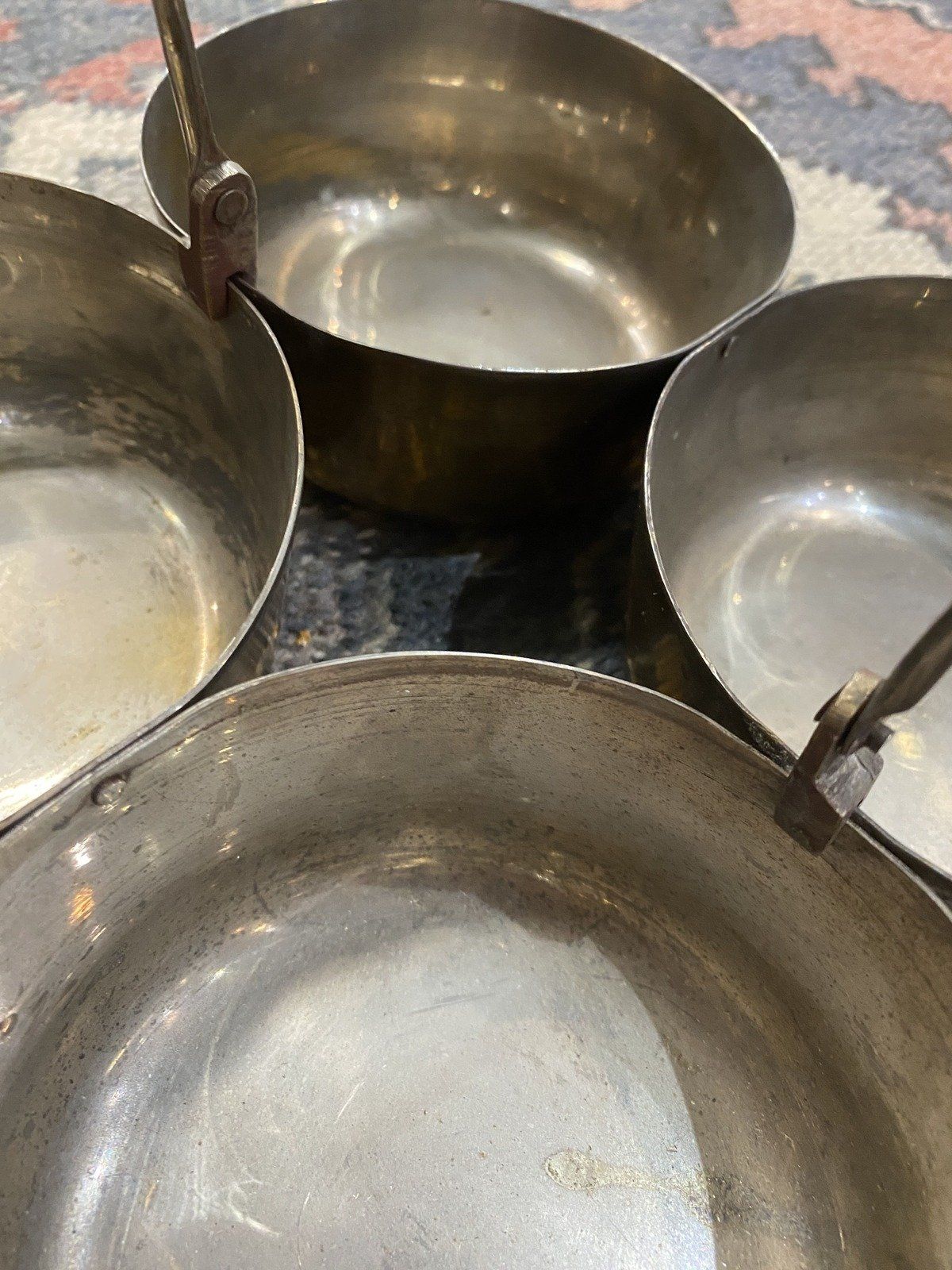 Vintage India Made 4x Vessel Brass Chopala Spice/Incense Dish w Handle 10