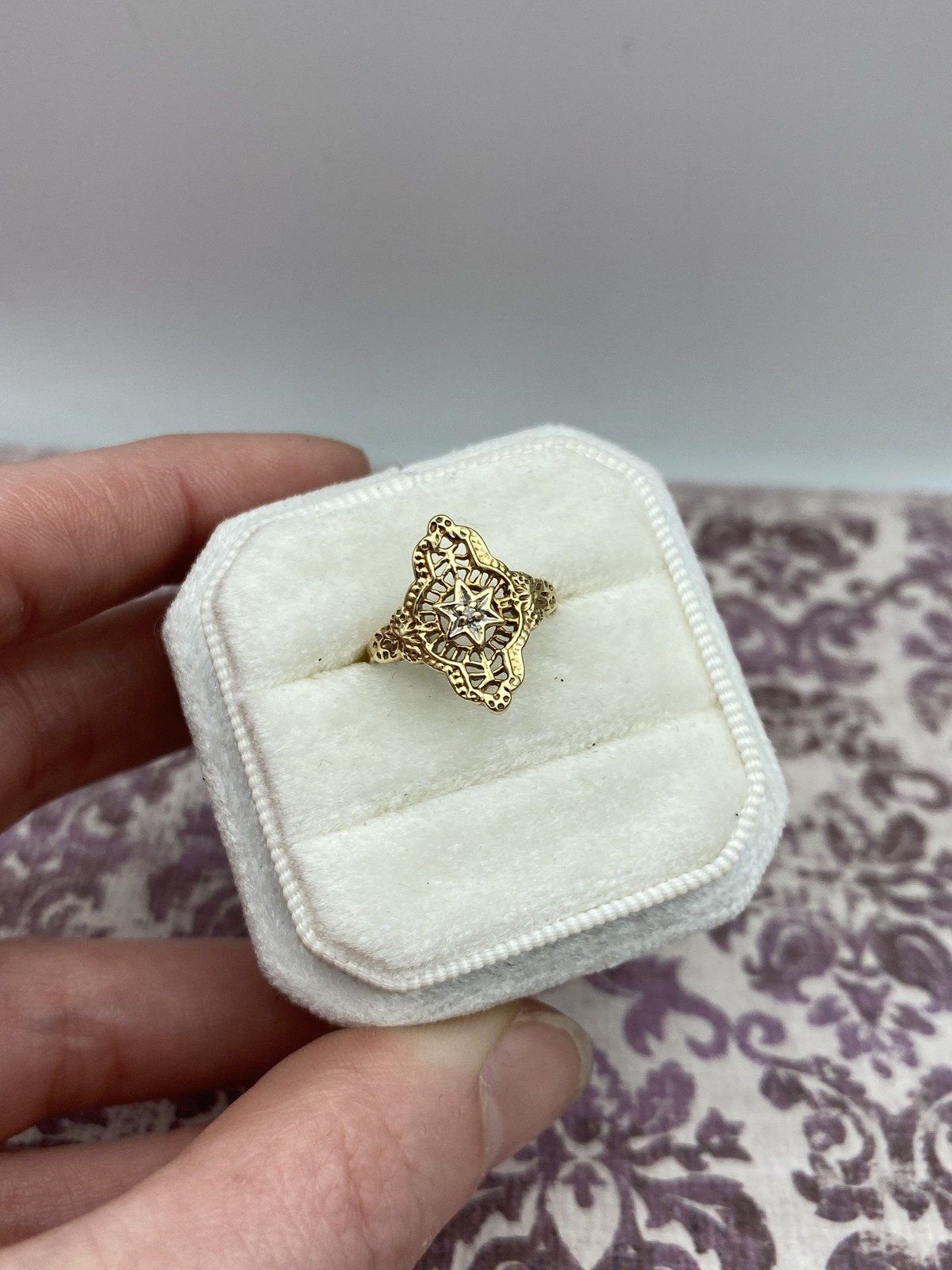 Antique 10k Gold Petite Filigree Star Burst Melee Diamond Navette Pinky Ring 3