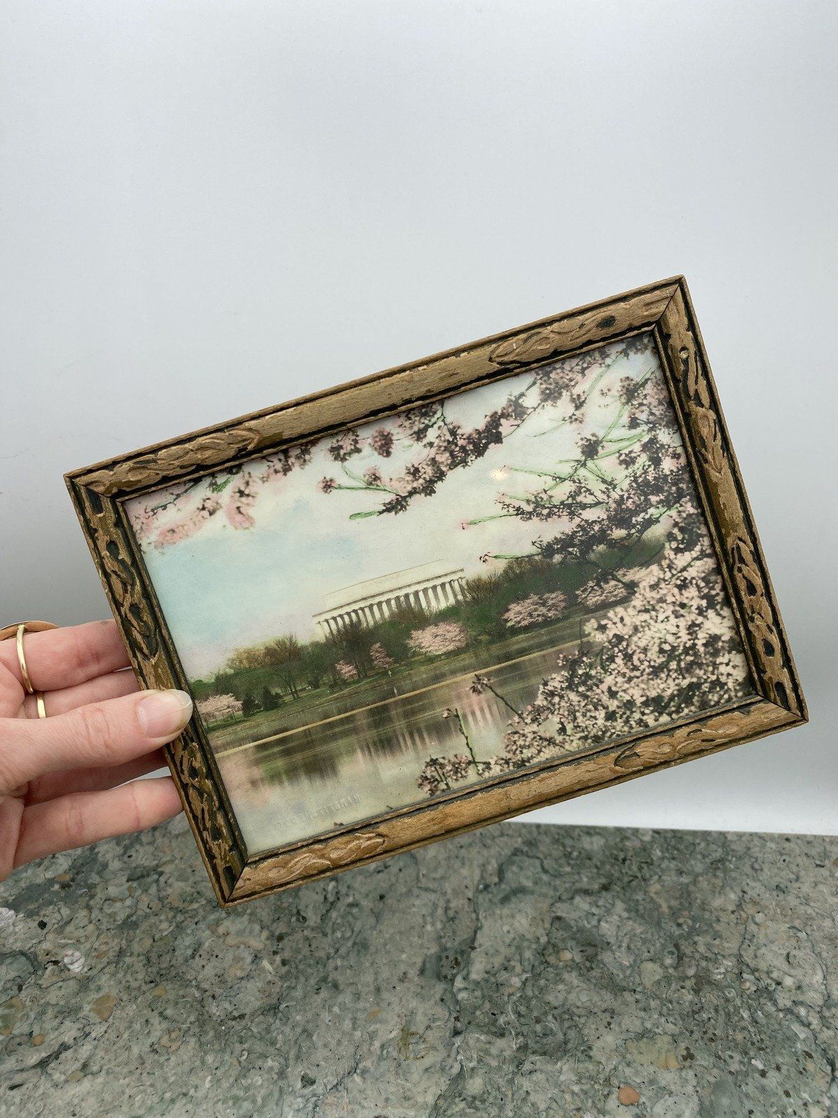 Antique c.1922 Hand Oiled Lincoln Memorial Lithograph 7.5x6.5 3