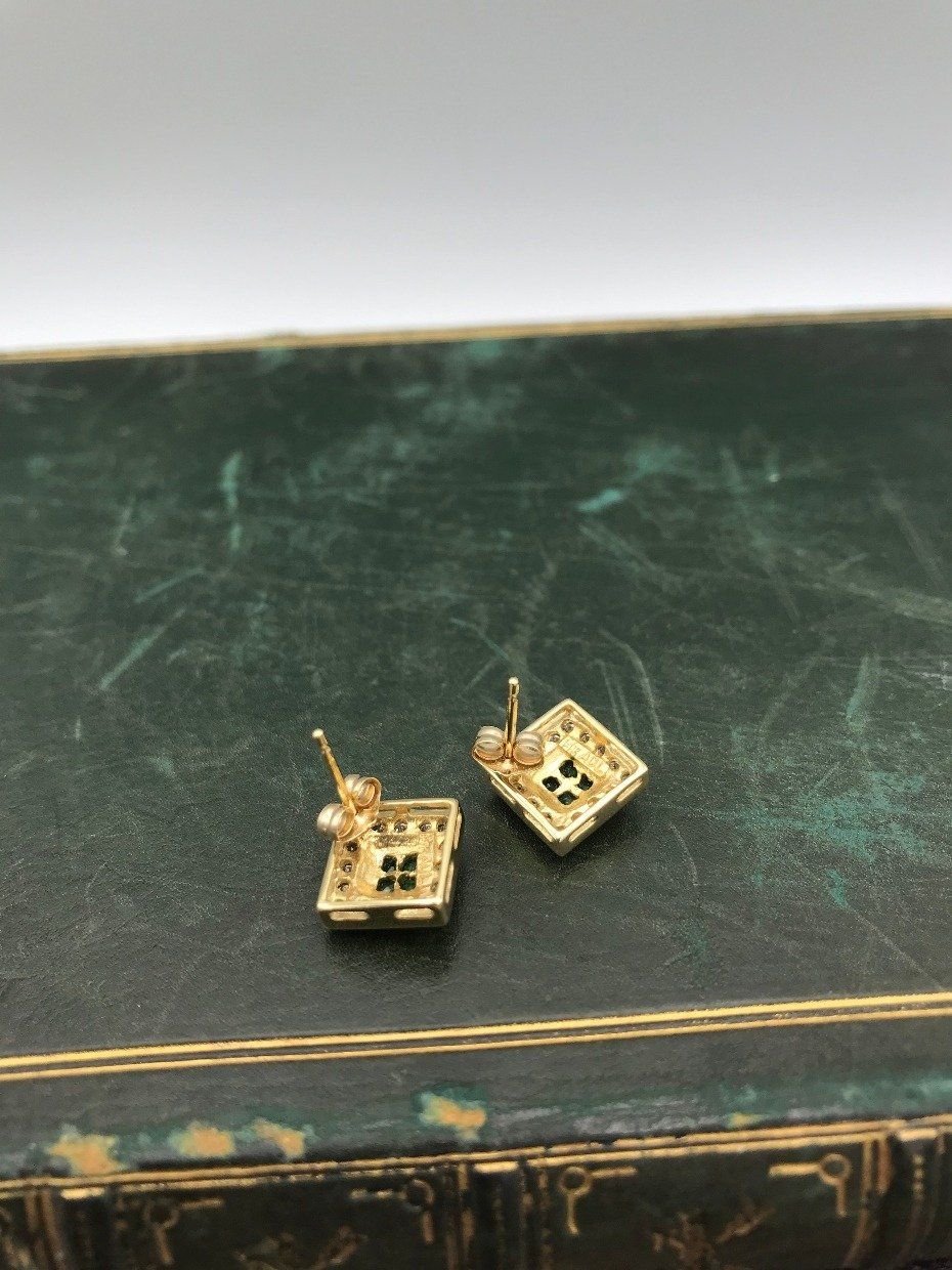14k Gold Emerald + Diamond Square Step Stud Earrings 2