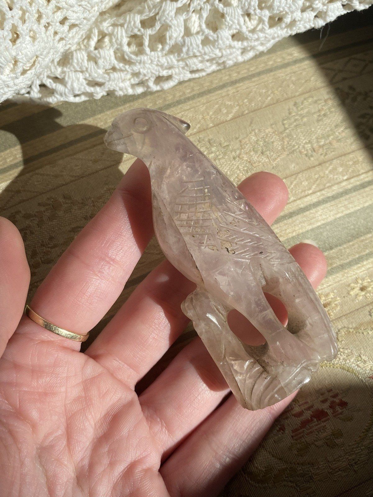 Hand Carved Rose Quartz Parrot/Cockatoo 8
