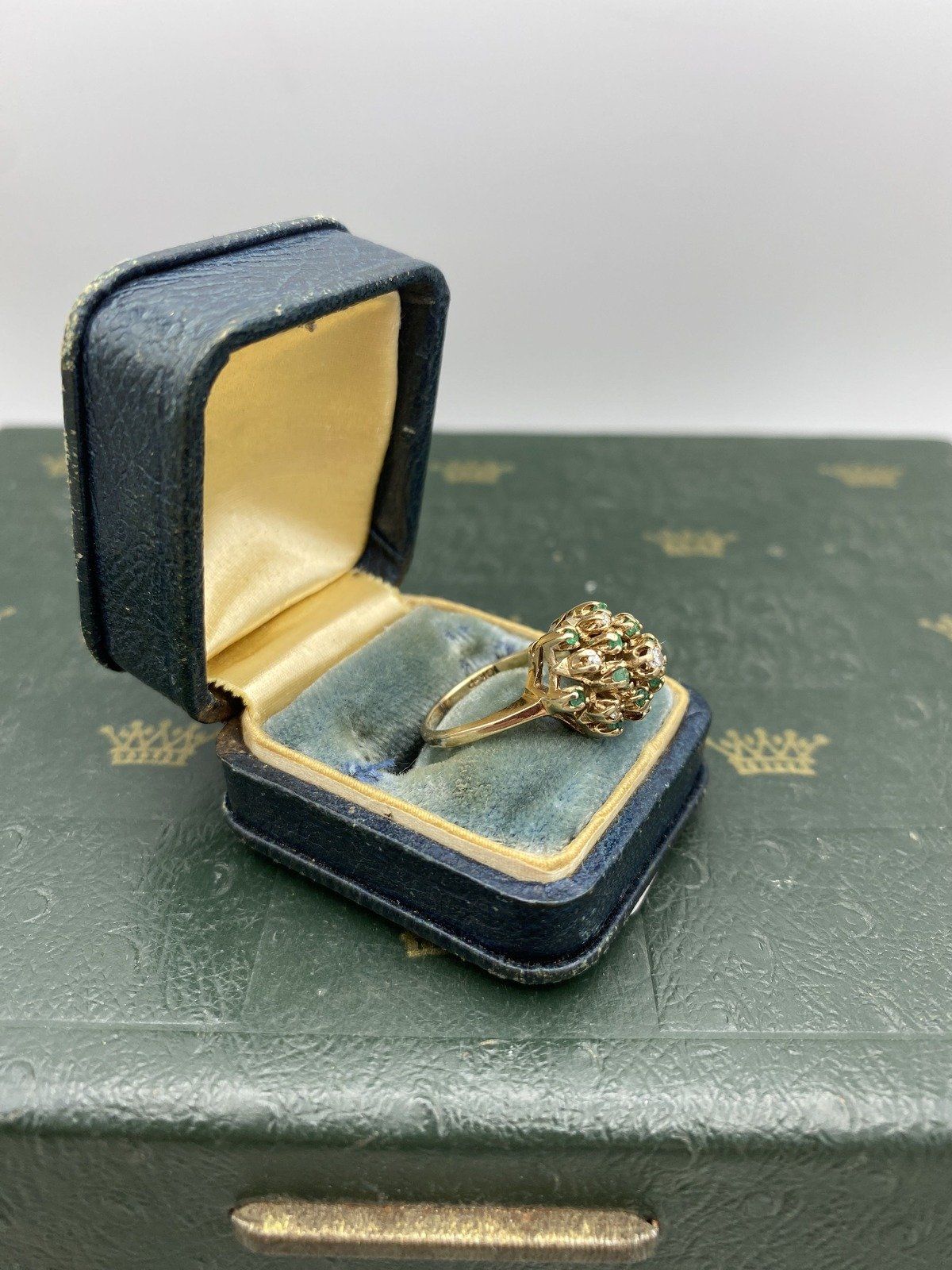 Vintage 10k Gold Emerald + Diamond Cathedral Ring #2461 5