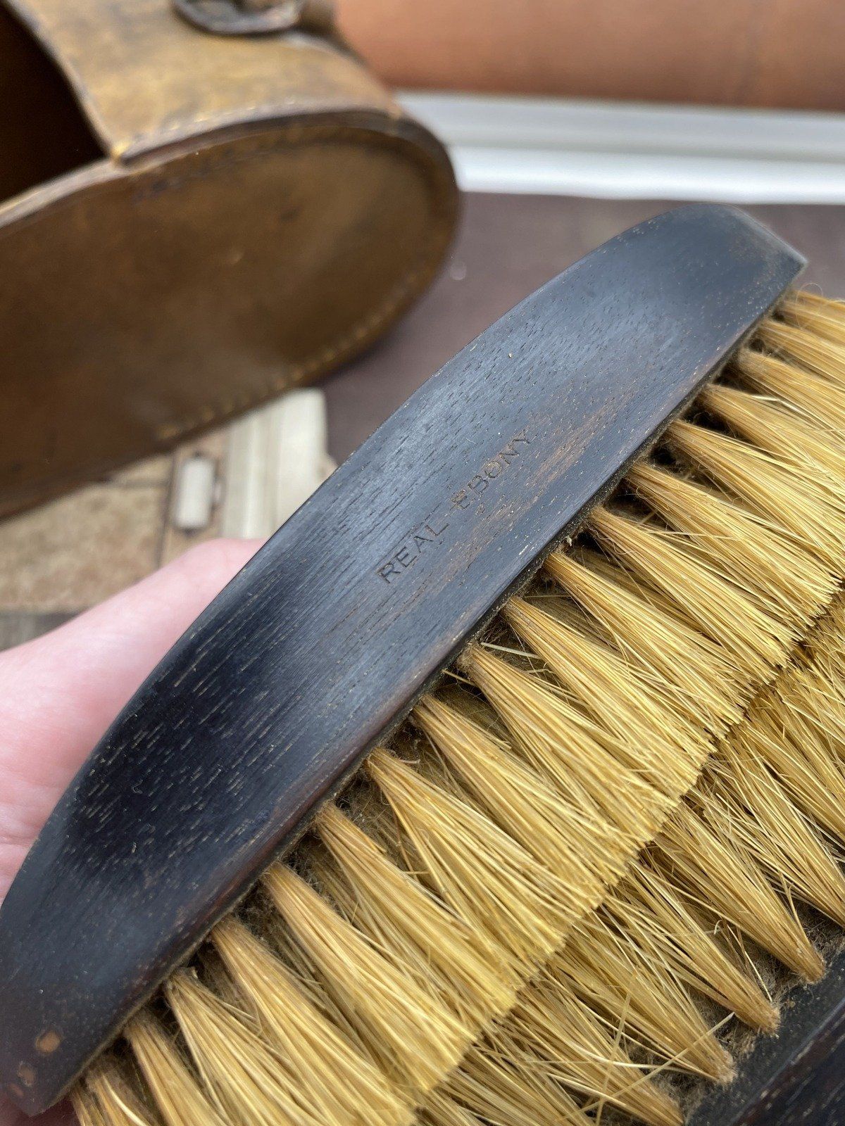 Antique Ebony Clothing Brushes in Leather Carrying Pouch 3