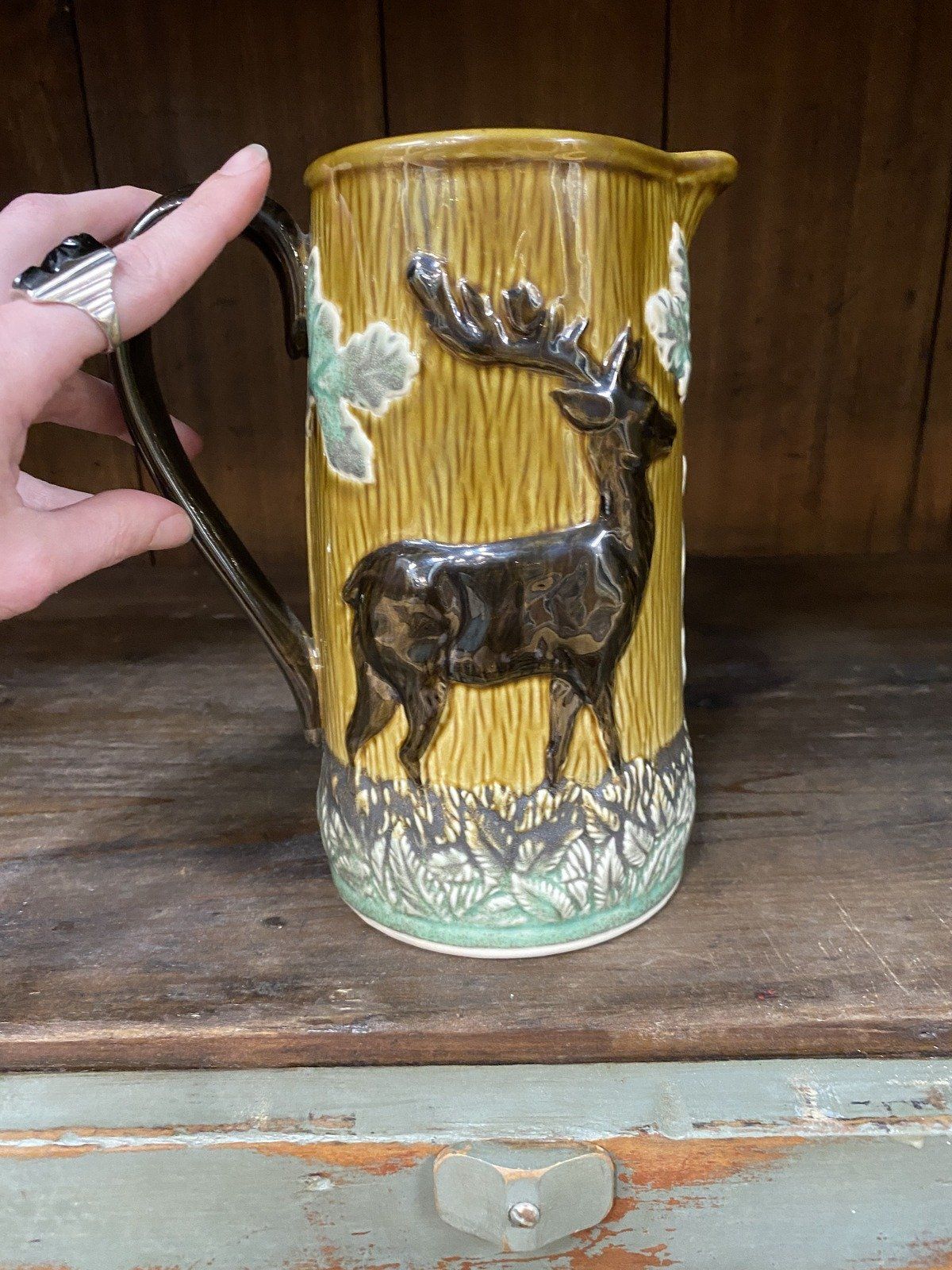 Antique Glazed Ceramic Hunter's Forest Majolica Pitcher 5