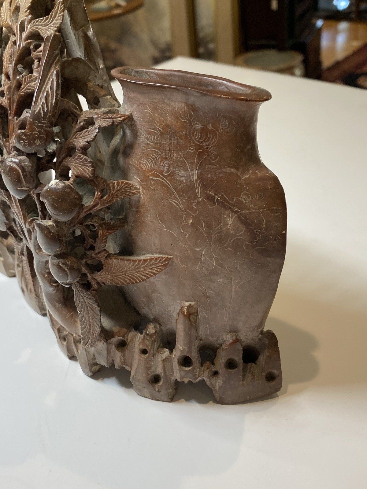 Antique Chinese Soapstone Dual Vase Carving in Relief 10