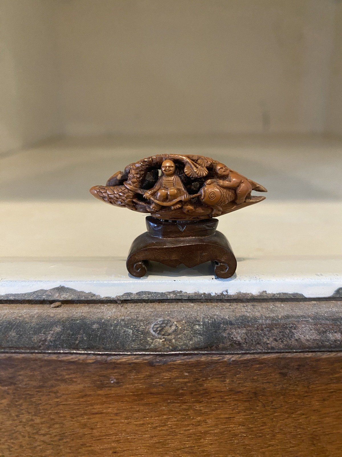 Hand Carved Chinese Olive Pit of Fauna Fishermen + Foliage & Koi 2