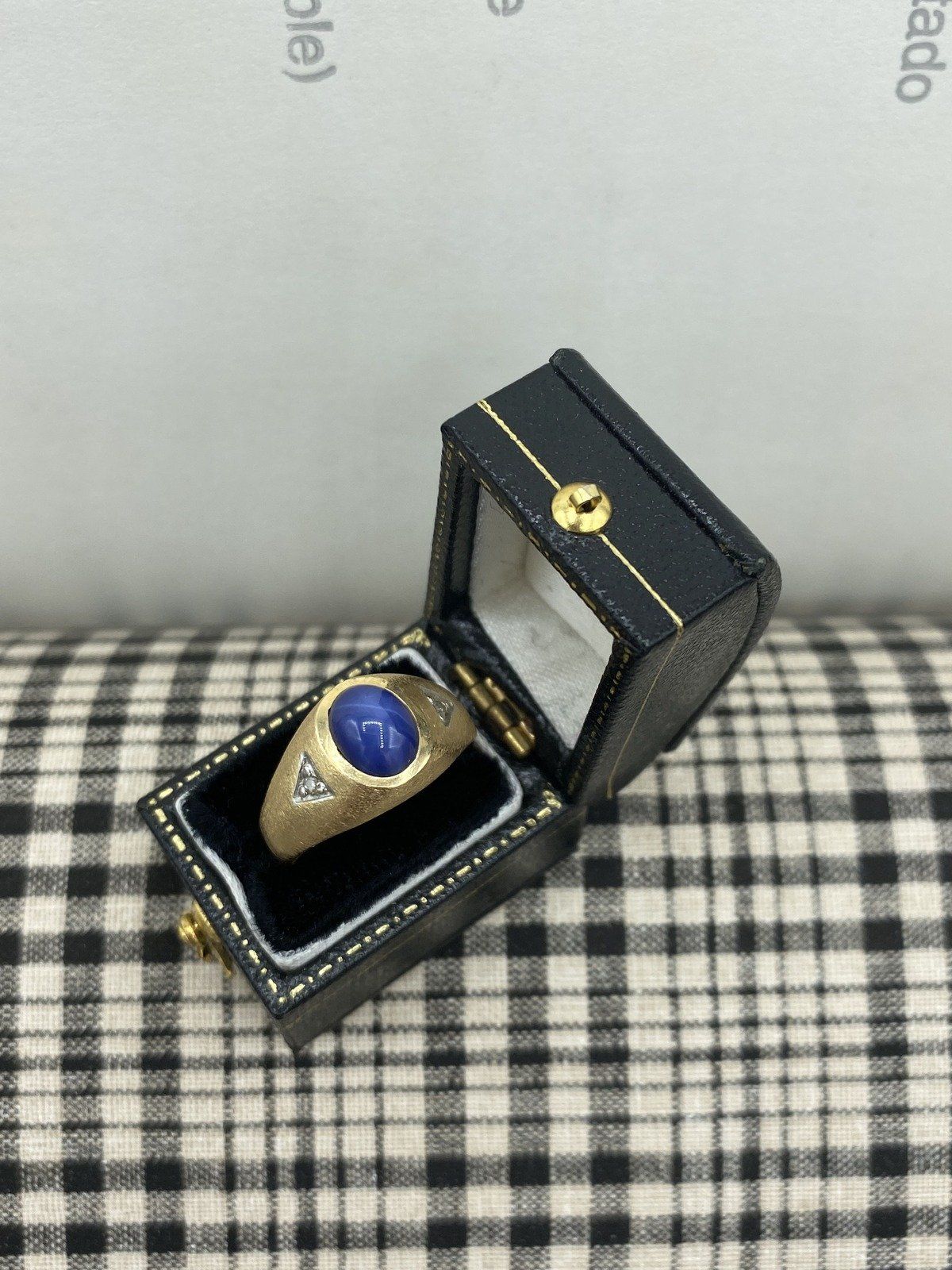 Vintage 14k Brushed Gold Star Blue Sapphire Signet Ring + Diamond Accents 2