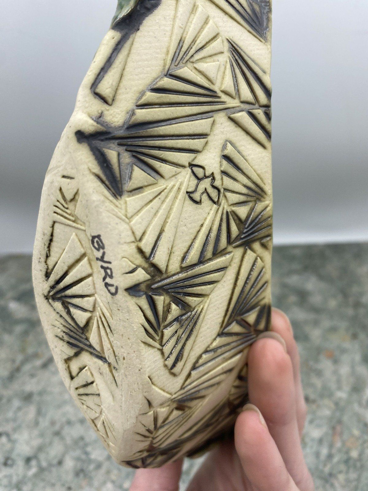 Vintage Signed Byrd Ceramic Pottery Fan Palm Boat Dish 4