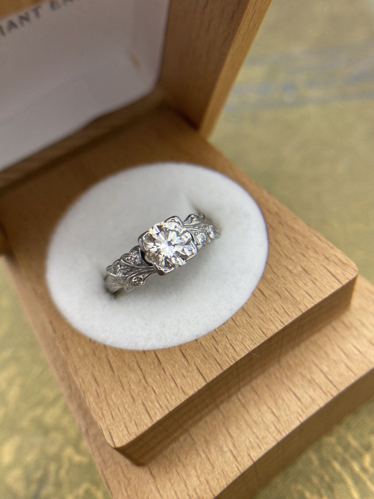 Art Deco 1ct Diamond c.1930/40s Platinum Engagement Ring w Carved Band Details 5