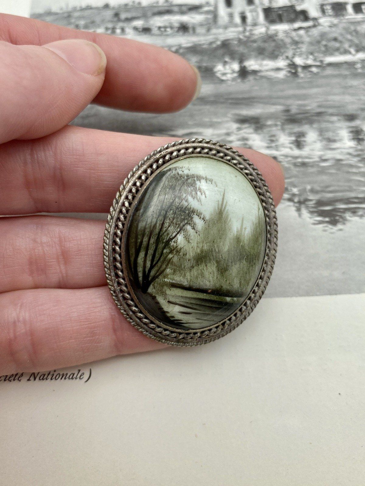 Antique Russian Enamel Painted Green Sepia Landscape Scene Brooch #2125 3