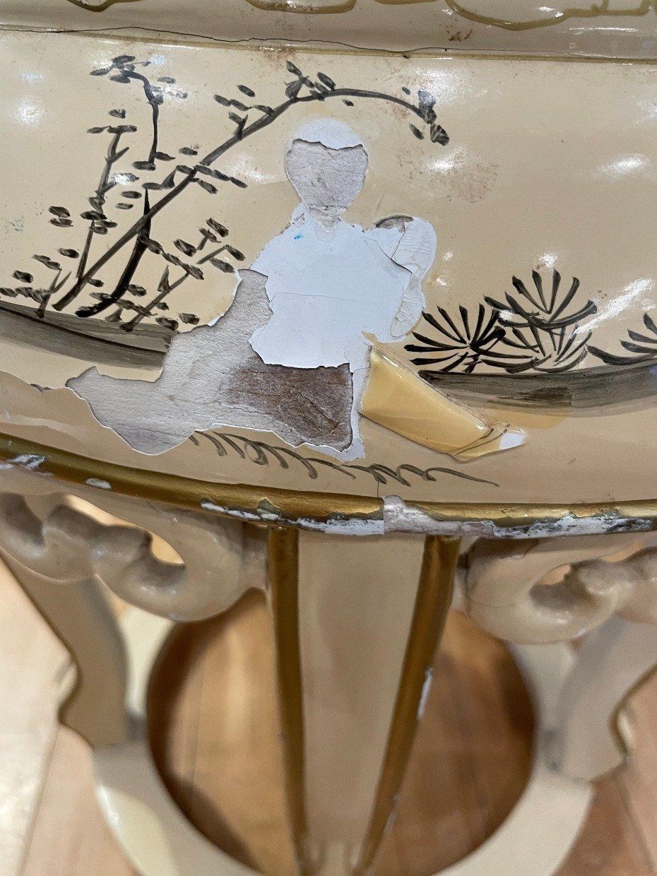 Antique Ivory Painted Oriental Fishbowl + Plant Stand w Figural Details 4