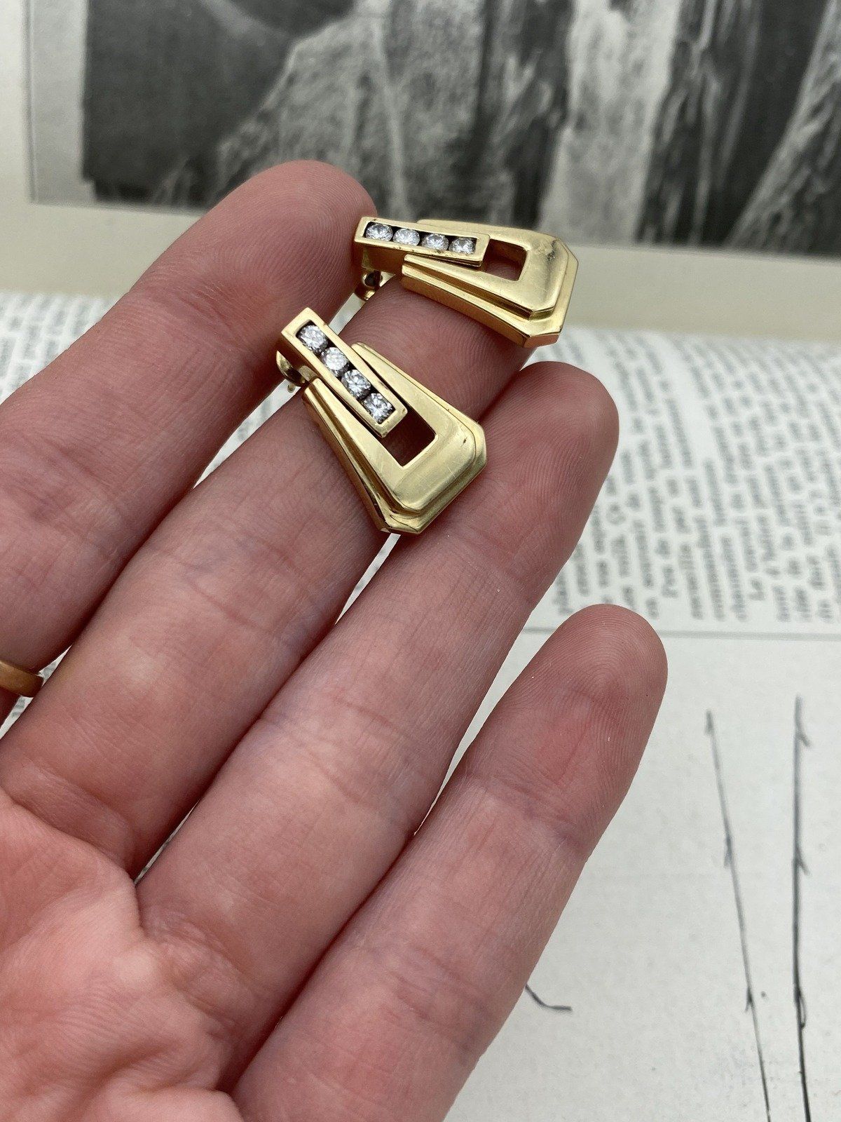 14k Gold Channel Set Diamond Buckle Drop Earrings 8
