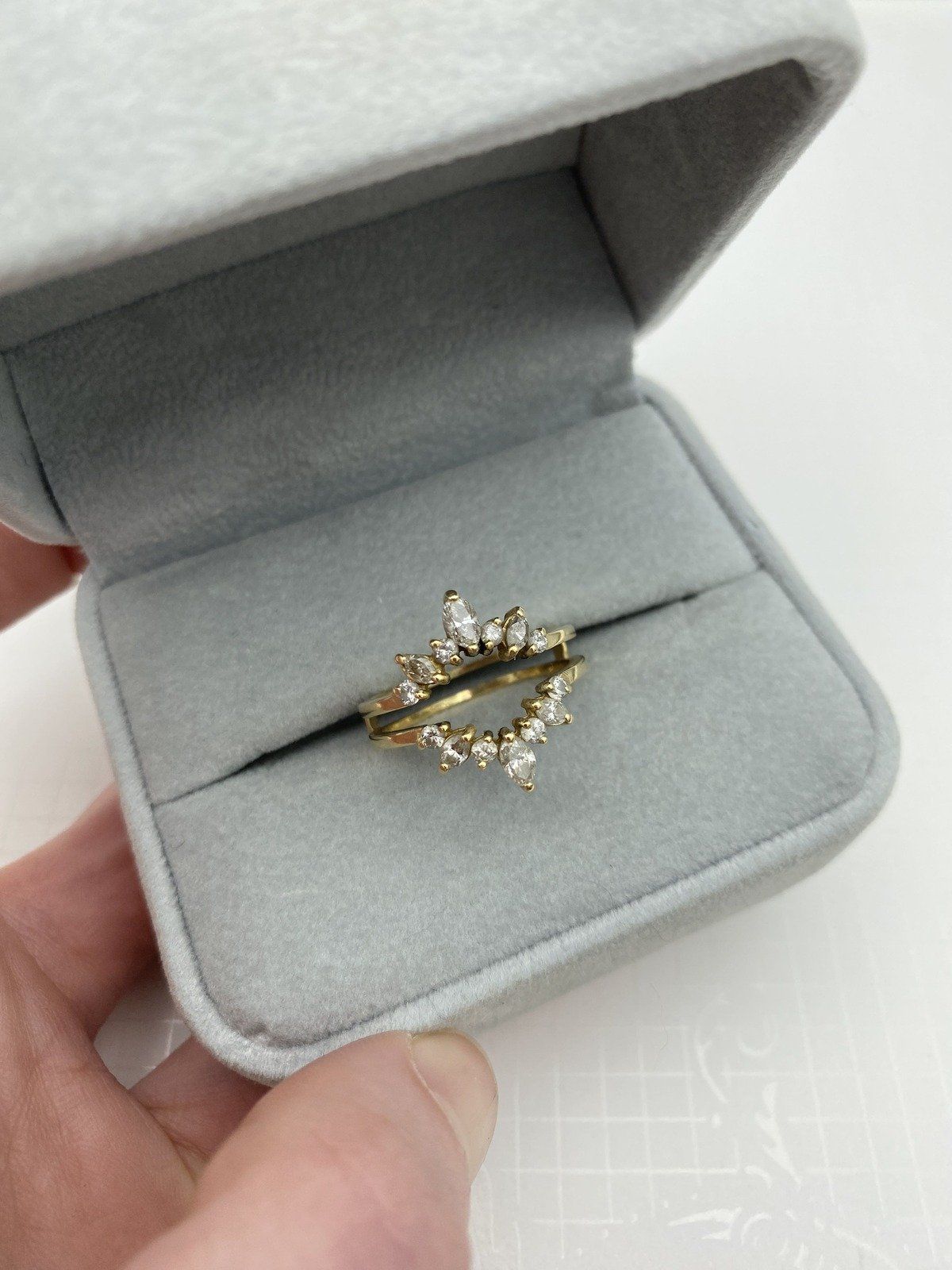 14k Gold Vintage Marquise Diamond Ring Guard Bridal Slip Band w Round Cut Diamond Accents 2