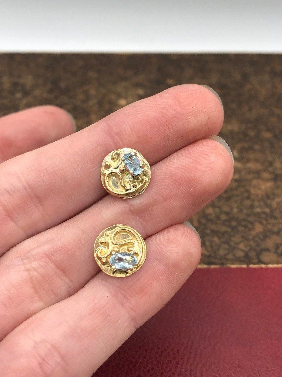 14k Gold Oval Cut Blue Topaz Nouveau Disc Stud Earrings 3