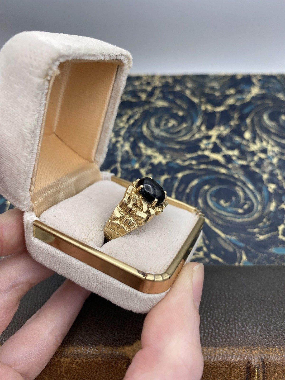 Men's 10k Gold Freeform Gold Nugget Ring w Black Onyx Cut Cabochon #2480 6