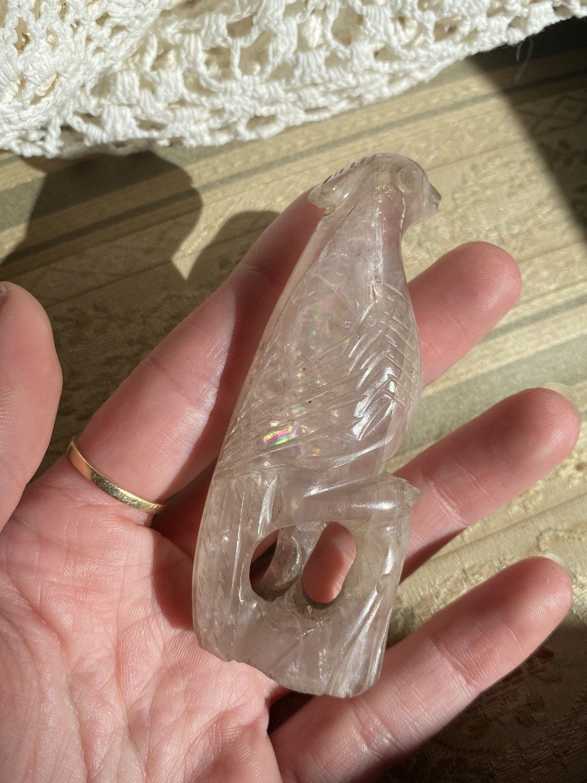 Hand Carved Rose Quartz Parrot/Cockatoo 3