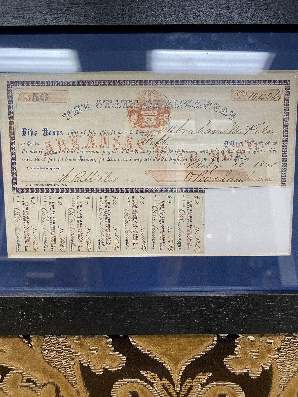 Framed Civil War Era Arkansas State c.1861 $50 War Bond 2